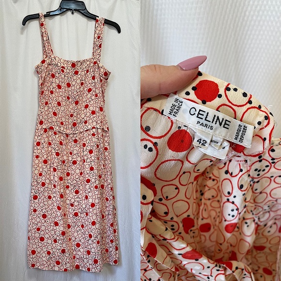 Celine Dresses & Skirts - CELINE PARIS Vintage Silk Smocked Slip Dress Retro Polka Dot Print Size Large